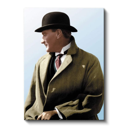 Şapkalı Atatürk - Açık Renk Palto Portresi Kanvas Tablo