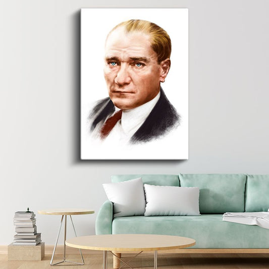 Sanatsal Atatürk - Beyaz Fonda Kırmızı Detaylı Kanvas Tablo