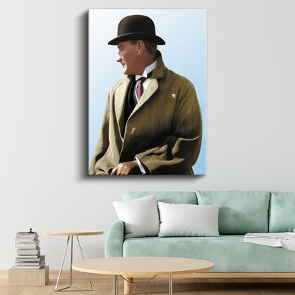 Şapkalı Atatürk - Açık Mavi Fonda Portre Kanvas Tablo