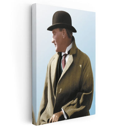 Şapkalı Atatürk - Açık Mavi Fonda Portre Kanvas Tablo