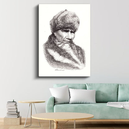 Kürklü Atatürk - Karakalem Kış Portresi Kanvas Tablo