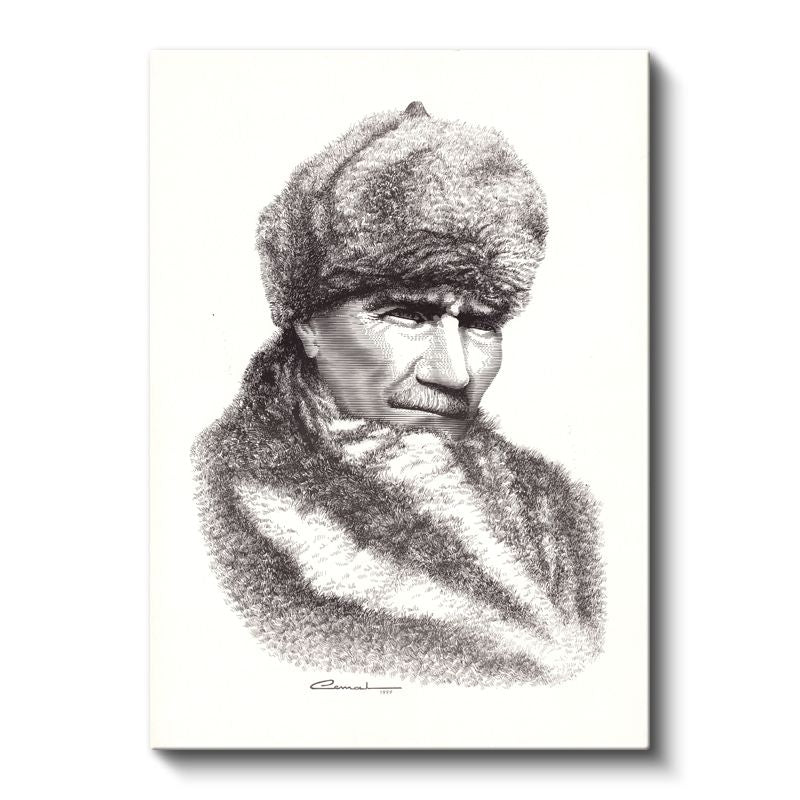 Kürklü Atatürk - Karakalem Kış Portresi Kanvas Tablo