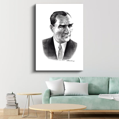 Karakalem Atatürk - İmzalı Portre Kanvas Tablo