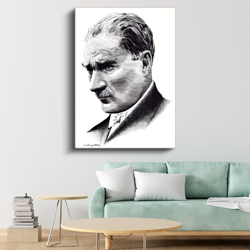 Nokta Çizim Atatürk - Beyaz Fonda Profil Kanvas Tablo