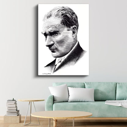 Nokta Çizim Atatürk - Beyaz Fonda Profil Kanvas Tablo