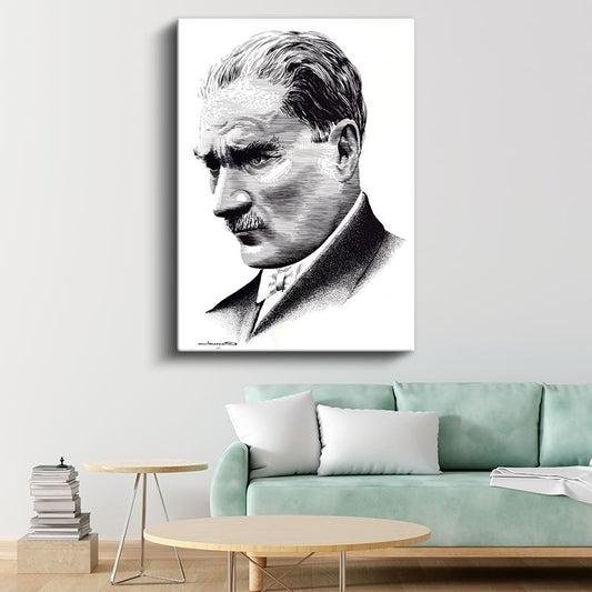 Nokta Çizim Atatürk - Beyaz Fonda Profil Kanvas Tablo