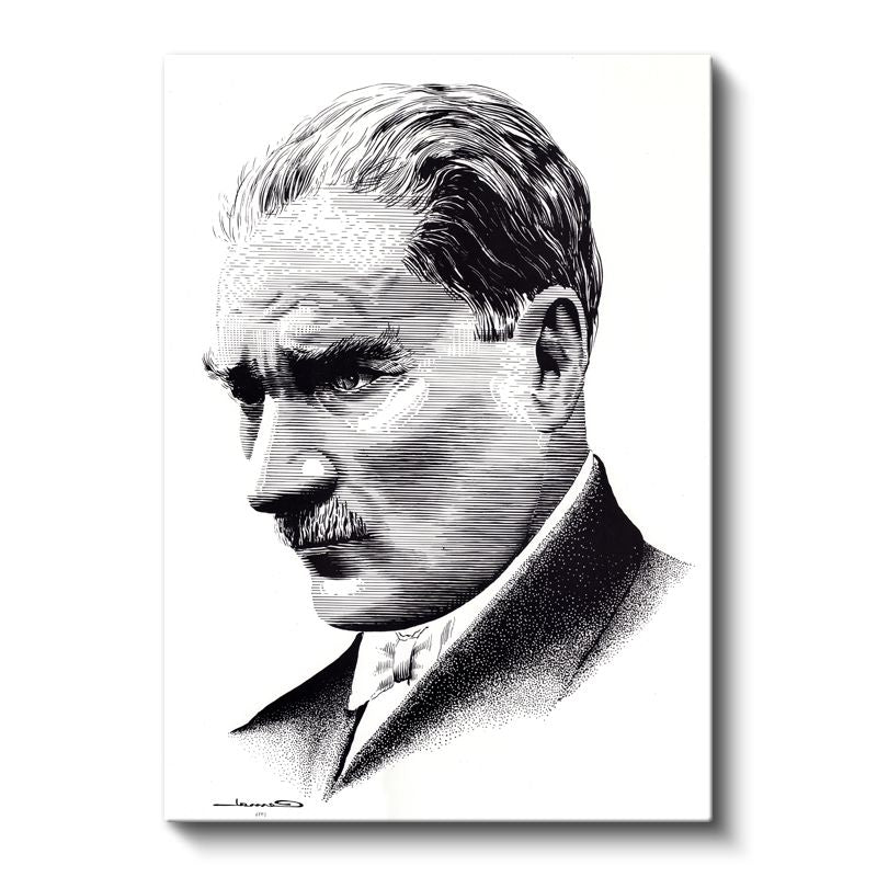 Nokta Çizim Atatürk - Beyaz Fonda Profil Kanvas Tablo