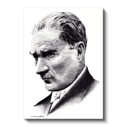 Nokta Çizim Atatürk - Beyaz Fonda Profil Kanvas Tablo