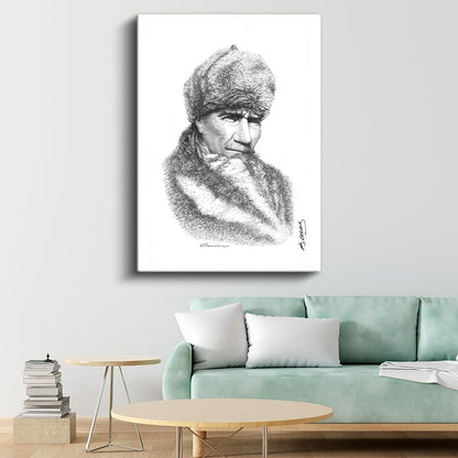 Kürklü Atatürk - İmzalı Karakalem Portre Kanvas Tablo