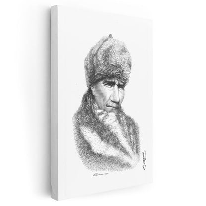 Kürklü Atatürk - İmzalı Karakalem Portre Kanvas Tablo