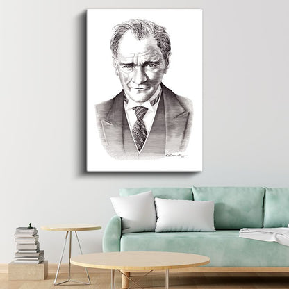 Karakalem Gülümseyen Atatürk - İmzalı Portre Kanvas Tablo