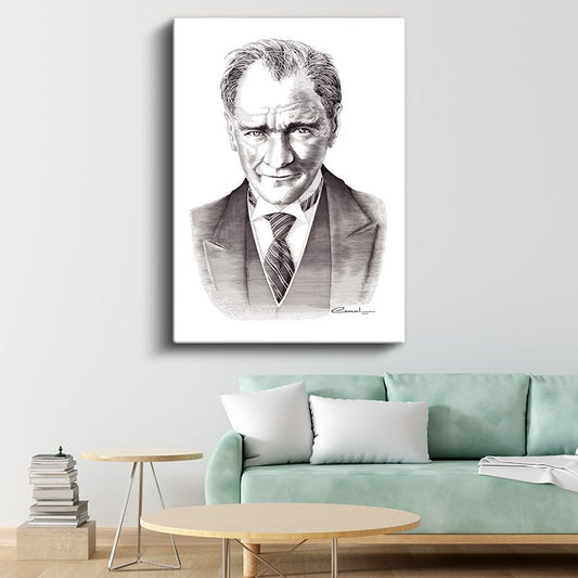 Karakalem Gülümseyen Atatürk - İmzalı Portre Kanvas Tablo