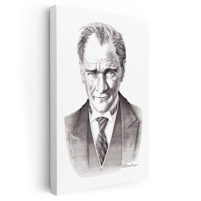 Karakalem Gülümseyen Atatürk - İmzalı Portre Kanvas Tablo
