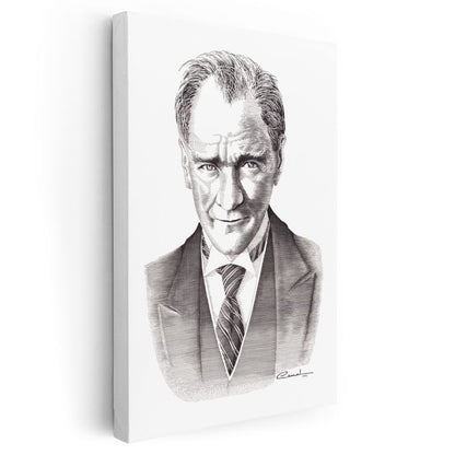 Karakalem Gülümseyen Atatürk - İmzalı Portre Kanvas Tablo