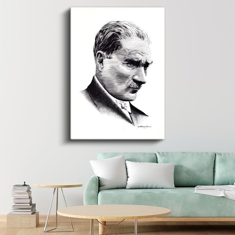 Nokta Çizim Atatürk - Beyaz Fonda Portre Kanvas Tablo