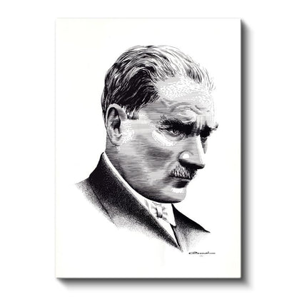 Nokta Çizim Atatürk - Beyaz Fonda Portre Kanvas Tablo