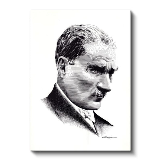 Nokta Çizim Atatürk - Beyaz Fonda Portre Kanvas Tablo