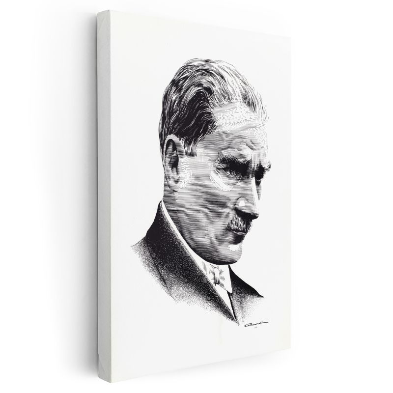 Nokta Çizim Atatürk - Beyaz Fonda Portre Kanvas Tablo