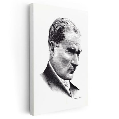 Nokta Çizim Atatürk - Beyaz Fonda Portre Kanvas Tablo