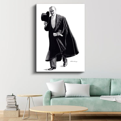 Pelerinli Atatürk - Şapkalı Siyah Beyaz Çizim Kanvas Tablo