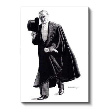 Pelerinli Atatürk - Şapkalı Siyah Beyaz Çizim Kanvas Tablo
