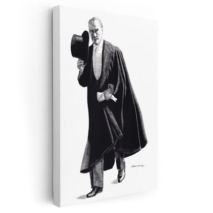 Pelerinli Atatürk - Şapkalı Siyah Beyaz Çizim Kanvas Tablo