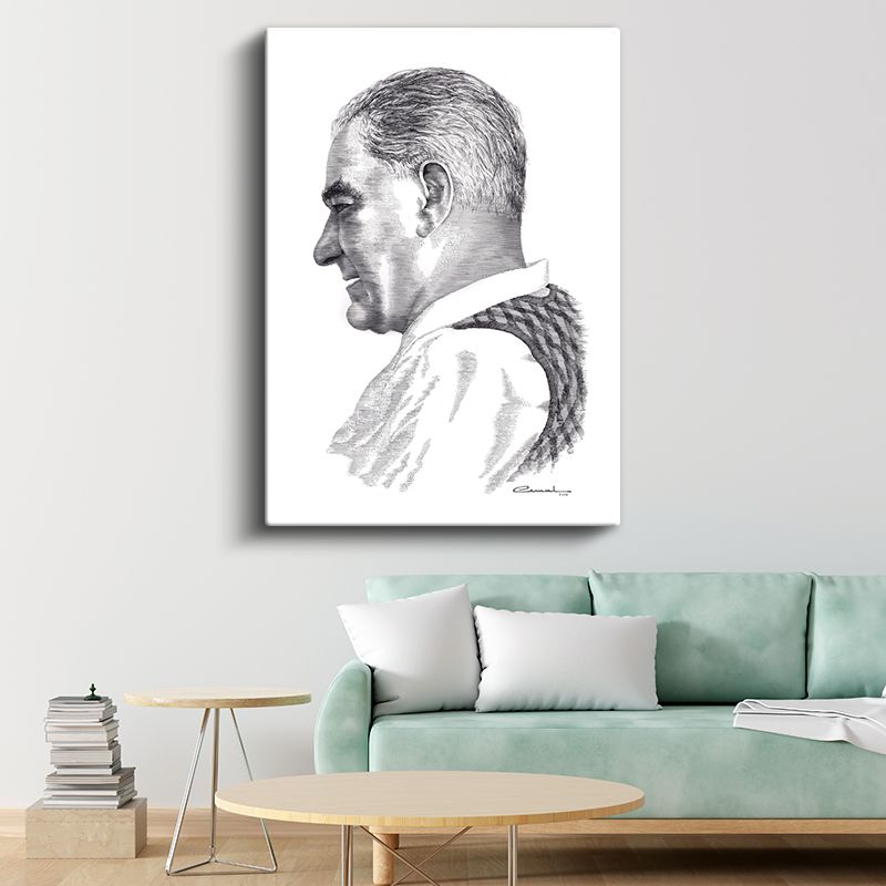 Karakalem Profil - Beyaz Yakalı İmzalı Portre Kanvas Tablo