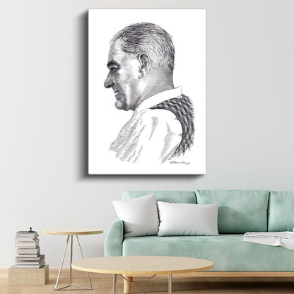 Karakalem Profil - Beyaz Yakalı İmzalı Portre Kanvas Tablo