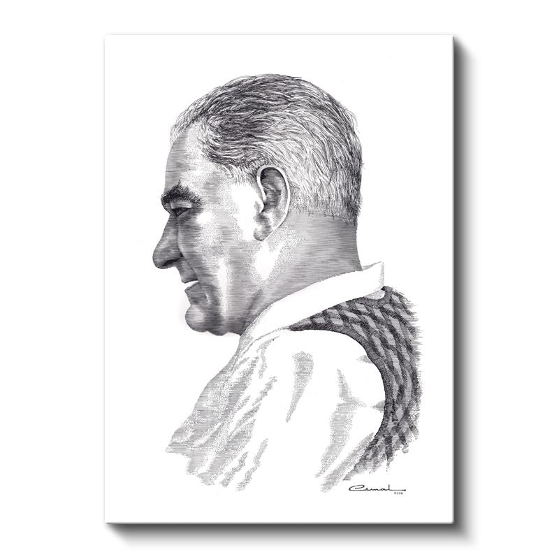 Karakalem Profil - Beyaz Yakalı İmzalı Portre Kanvas Tablo