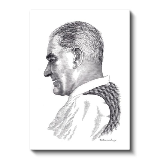 Karakalem Profil - Beyaz Yakalı İmzalı Portre Kanvas Tablo