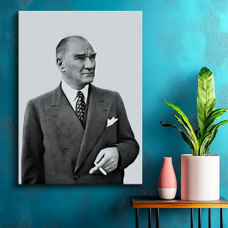 Dikey Kanvas Tablo Atatürk Ceketli Duruş Atatürk Tablosu Ev Ofis Duvar Dekoru