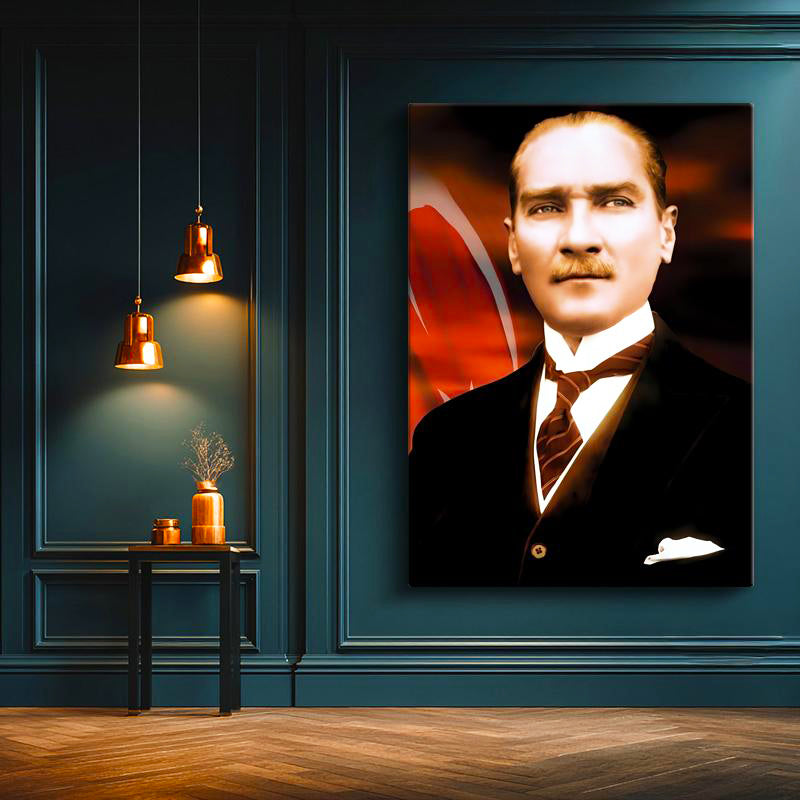 Dikey Kanvas Tablo Atatürk Bayrak Fonlu Atatürk Tablosu Ev Ofis Duvar Dekoru