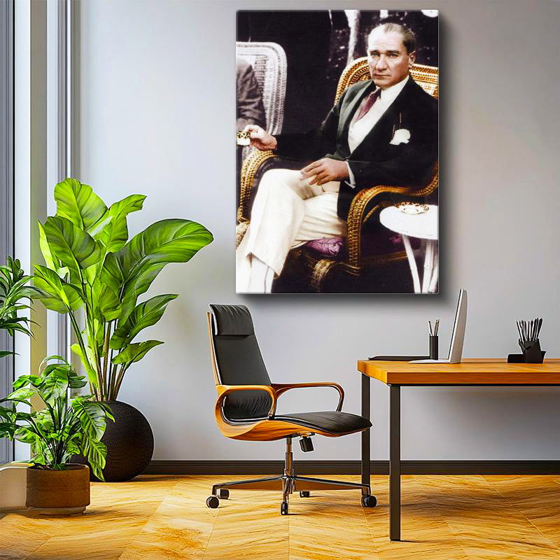 Dikey Kanvas Tablo Atatürk Hasır Koltuk Atatürk Tablosu Ev Ofis Duvar Dekoru