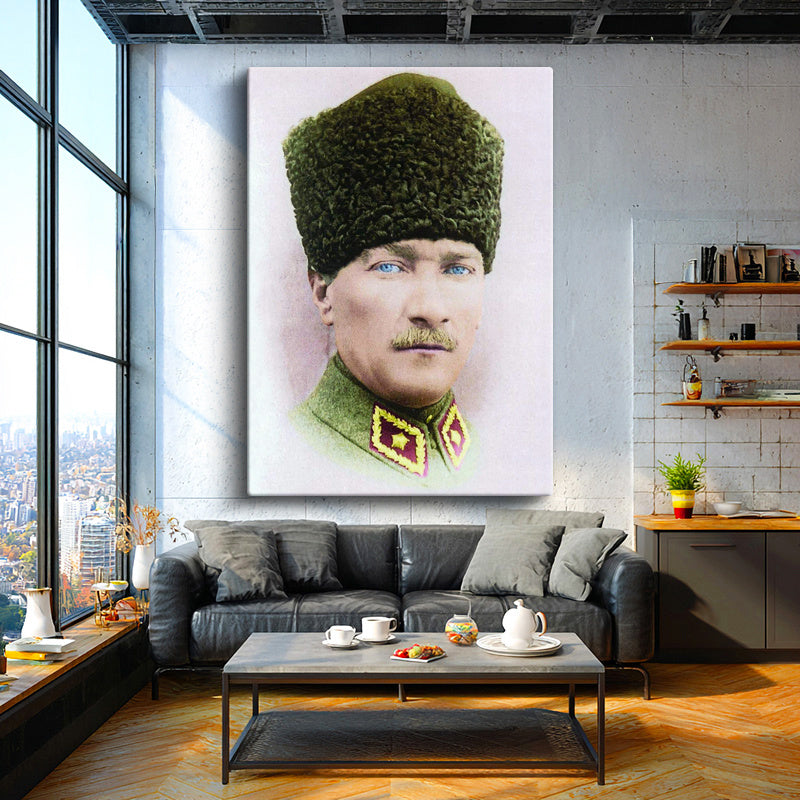 Dikey Kanvas Tablo Atatürk Kalpaklı Askeri Portre Atatürk Tablosu Ev Ofis Duvar Dekoru