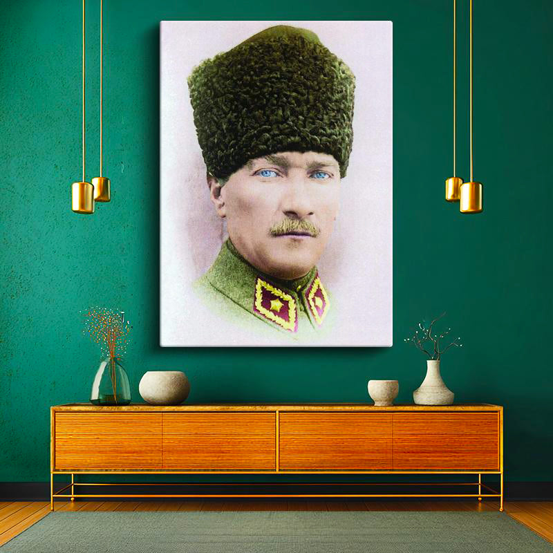 Dikey Kanvas Tablo Atatürk Kalpaklı Askeri Portre Atatürk Tablosu Ev Ofis Duvar Dekoru