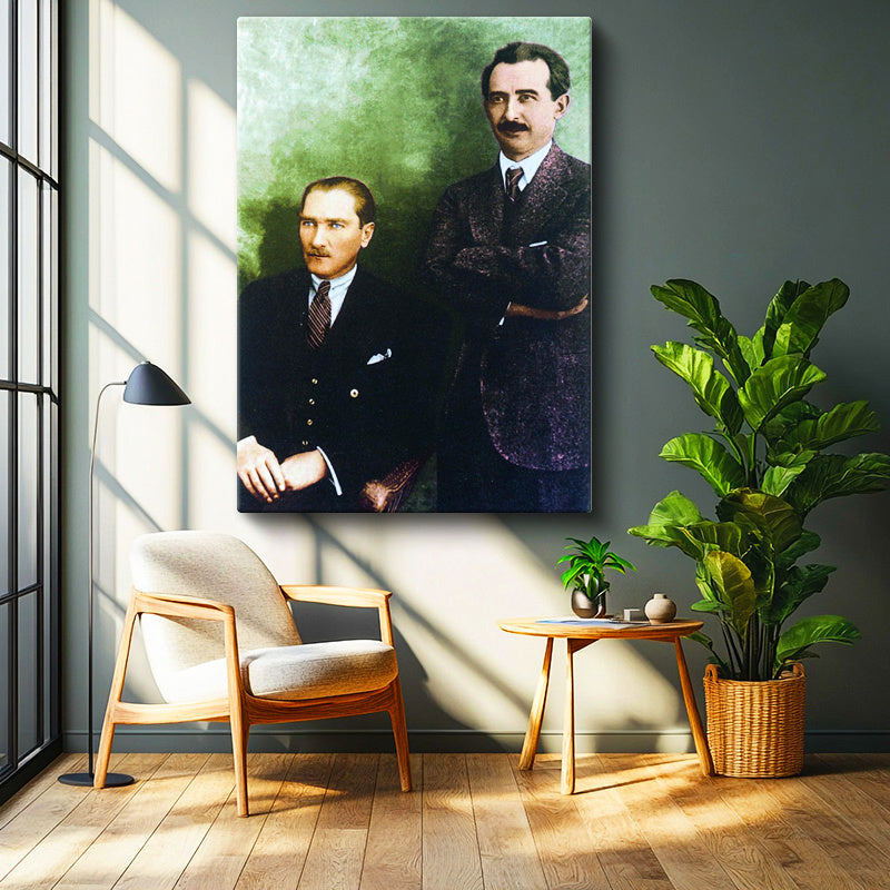 Dikey Kanvas Tablo Atatürk İnönü İle Resmi Poz Atatürk Tablosu Ev Ofis Duvar Dekoru