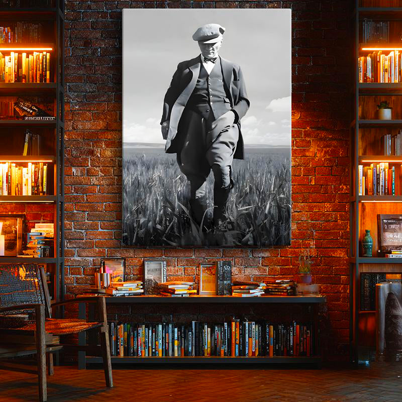 Dikey Kanvas Tablo Atatürk Kasketli Tarla Pozu Atatürk Tablosu Ev Ofis Duvar Dekoru