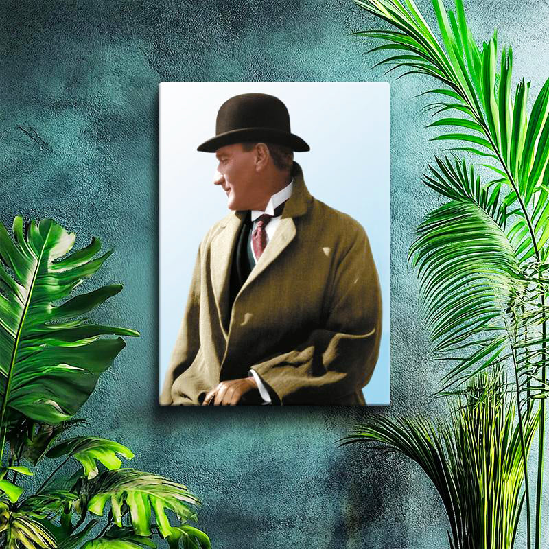 Dikey Kanvas Tablo Atatürk Eldivenli Melon Şapka Atatürk Tablosu Ev Ofis Duvar Dekoru