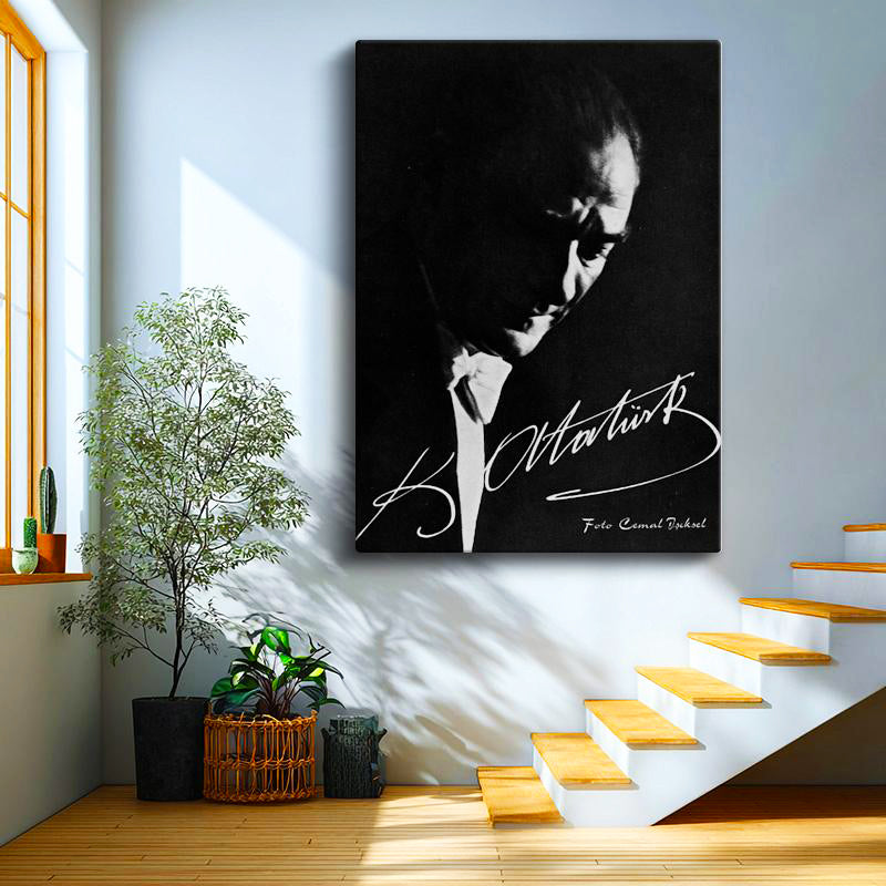 Dikey Kanvas Tablo Atatürk İmzalı Gölge Portre Atatürk Tablosu Ev Ofis Duvar Dekoru