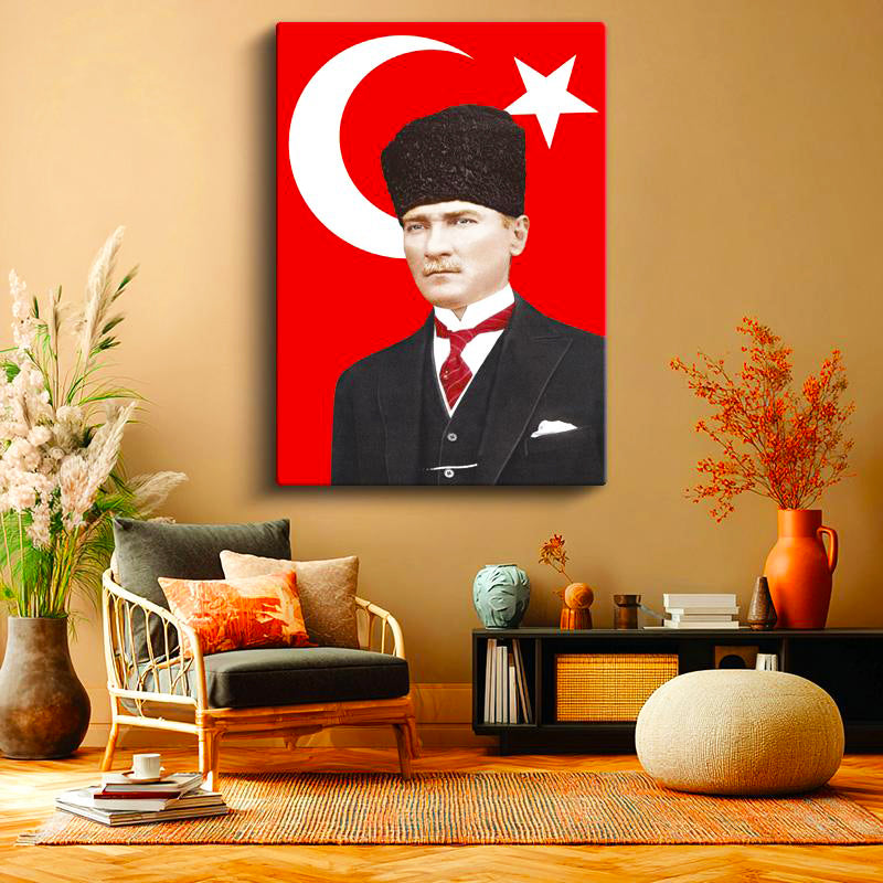 Dikey Kanvas Tablo Atatürk Türk Bayrağı Temalı Atatürk Tablosu Ev Ofis Duvar Dekoru