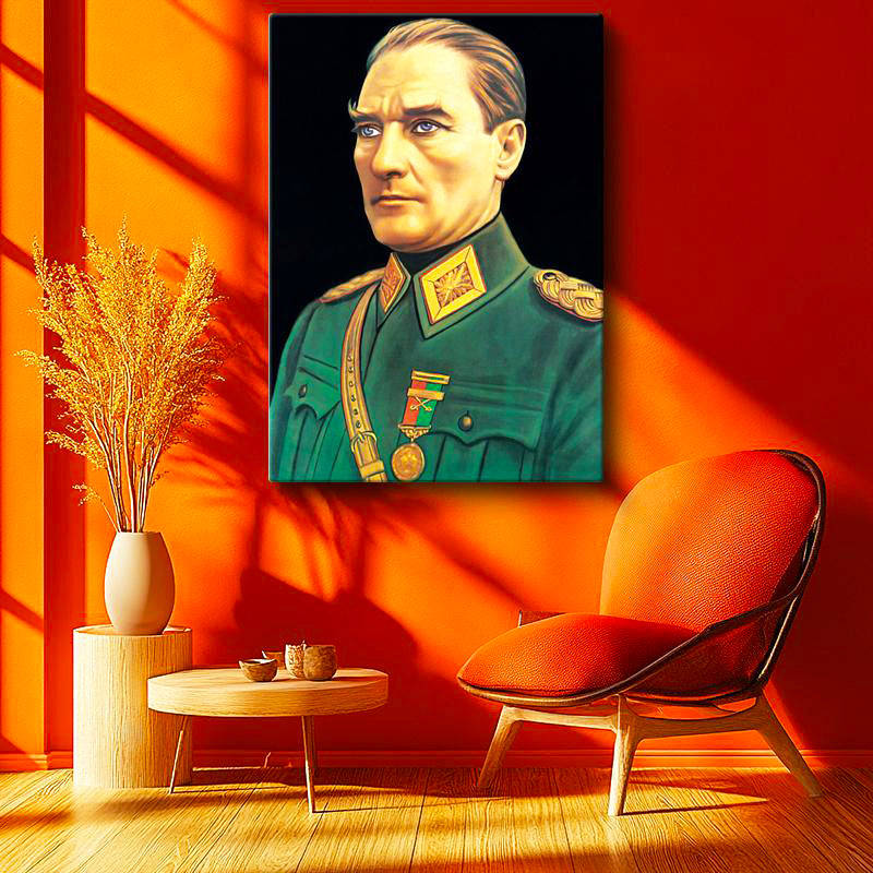 Dikey Kanvas Tablo Atatürk Yeşil Mareşal Kostümü Atatürk Tablosu Ev Ofis Duvar Dekoru