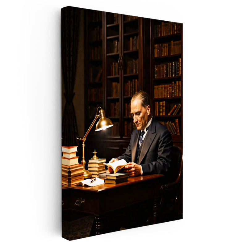 Dikey Kanvas Tablo Atatürk Kütüphane Kitap Okuma Atatürk Tablosu Ev Ofis Duvar Dekoru