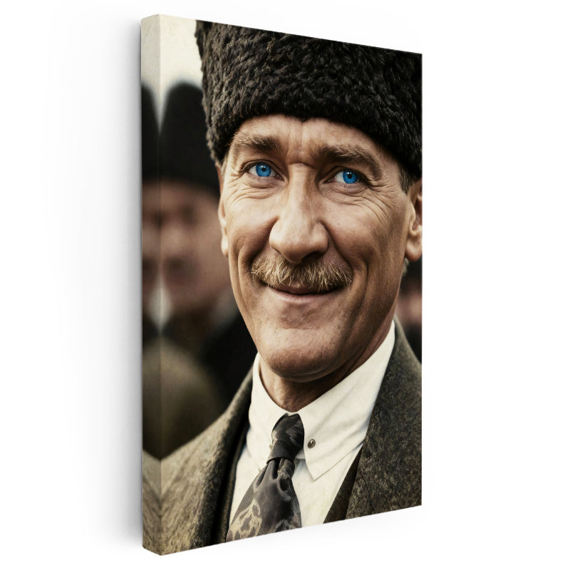 Dikey Kanvas Tablo Atatürk Kalpaklı Gülümseyen Yüz Atatürk Tablosu Ev Ofis Duvar Dekoru