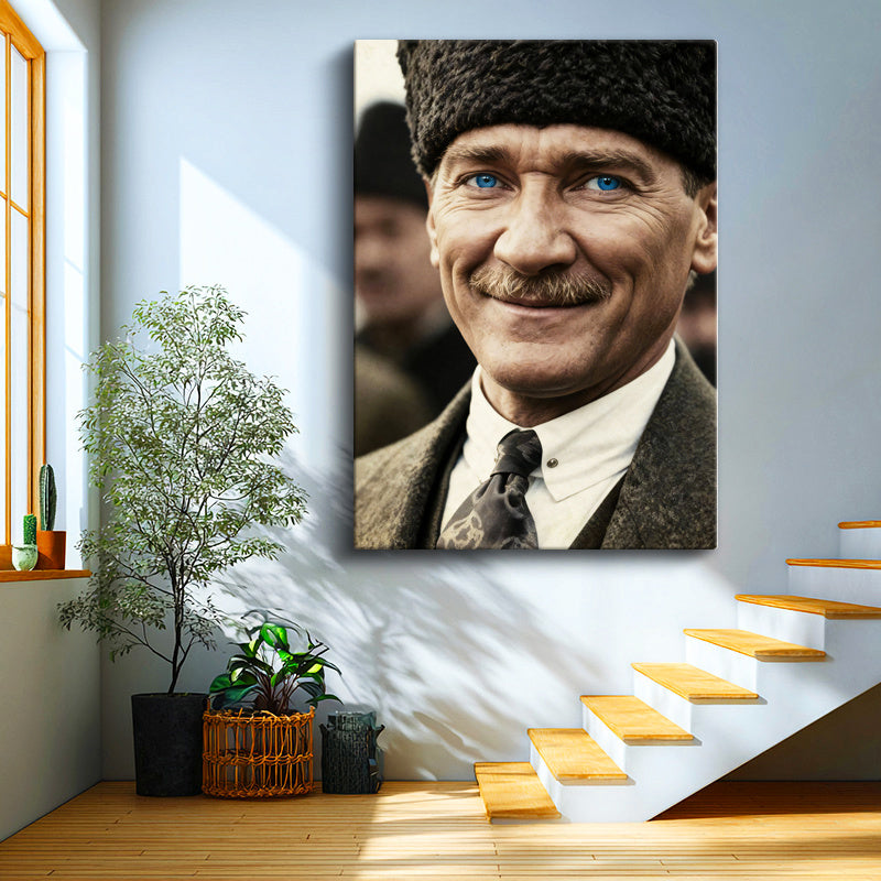 Dikey Kanvas Tablo Atatürk Kalpaklı Gülümseyen Yüz Atatürk Tablosu Ev Ofis Duvar Dekoru