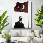 Dikey Kanvas Tablo Atatürk ve Dalgalanan Türk Bayrağı Atatürk Tablosu Ev Ofis Duvar Dekoru