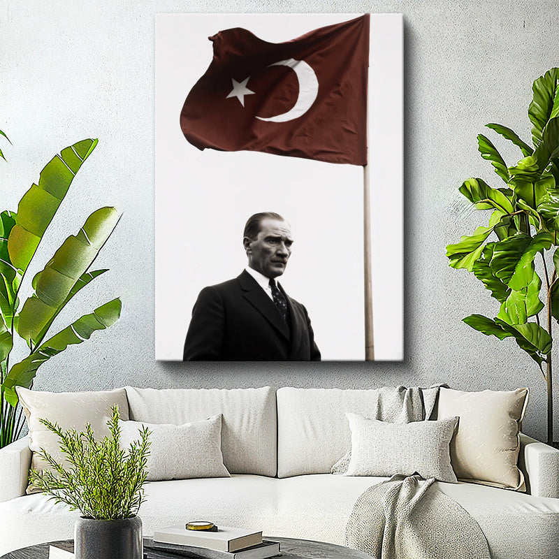 Dikey Kanvas Tablo Atatürk ve Dalgalanan Türk Bayrağı Atatürk Tablosu Ev Ofis Duvar Dekoru