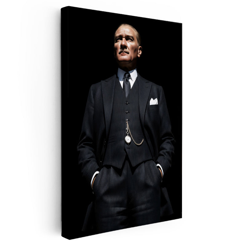 Dikey Kanvas Tablo Atatürk Yelekli Takım Köstekli Saat Atatürk Tablosu Ev Ofis Duvar Dekoru