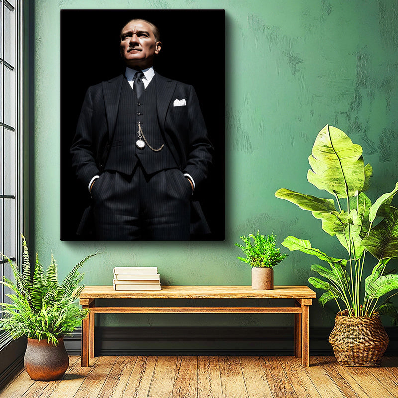 Dikey Kanvas Tablo Atatürk Yelekli Takım Köstekli Saat Atatürk Tablosu Ev Ofis Duvar Dekoru