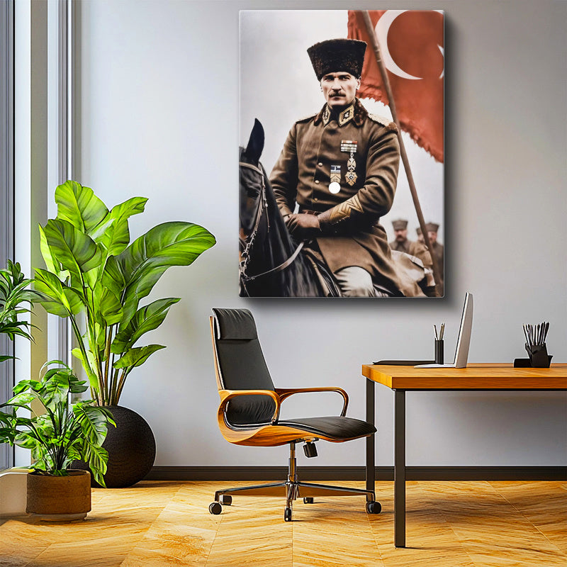 Dikey Kanvas Tablo Atatürk At Üzerinde Askeri Üniforma Atatürk Tablosu Ev Ofis Duvar Dekoru