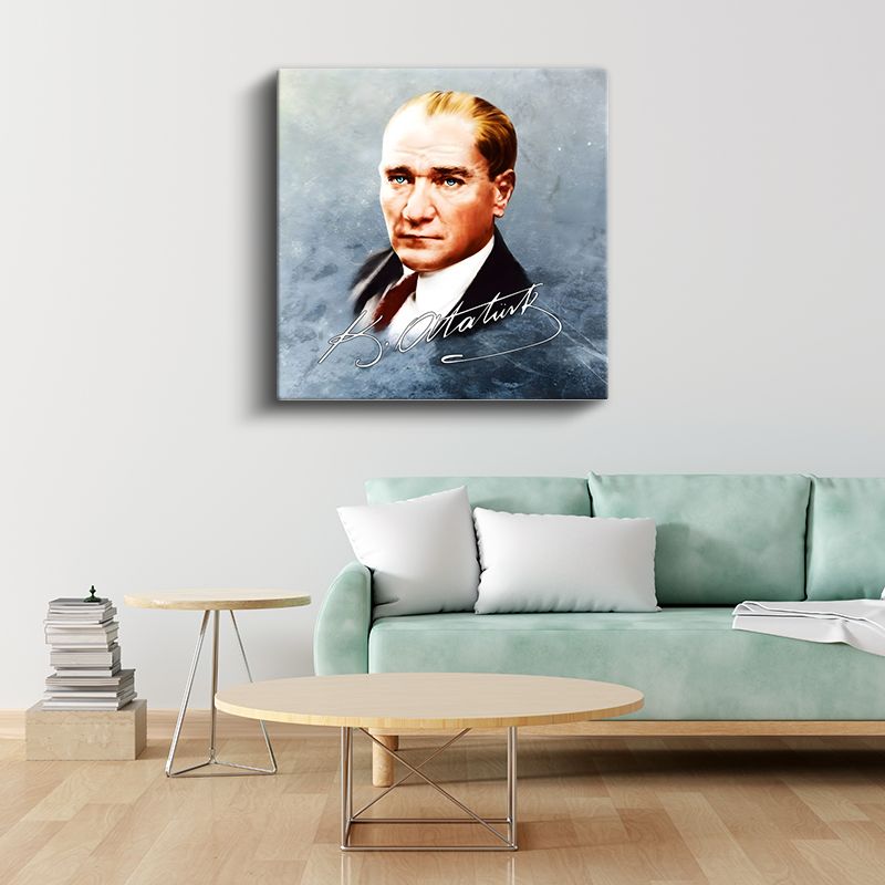 İmzalı Atatürk - Mavi Fonda Portre Kanvas Tablo